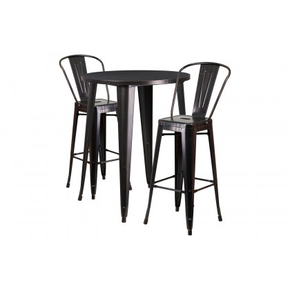 BLNK Caron Commercial Round Metal Indoor-Outdoor Bar Table Set with 2 Cafe Stools - Black/Antique Gold