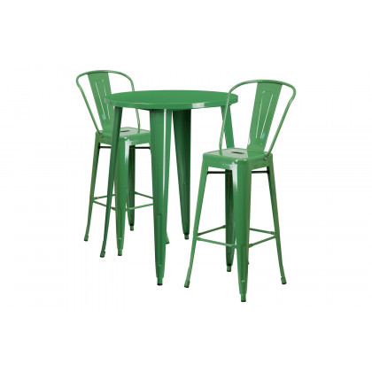 BLNK Caron Commercial Round Metal Indoor-Outdoor Bar Table Set with 2 Cafe Stools - Green