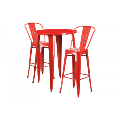 BLNK Caron Commercial Round Metal Indoor-Outdoor Bar Table Set with 2 Cafe Stools - Red