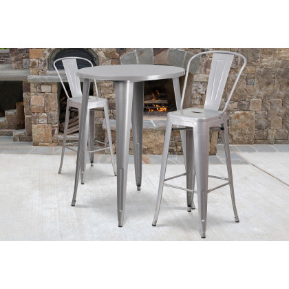 BLNK - Caron Commercial Round Metal Indoor-Outdoor Bar Table Set with 2 Cafe Stools
