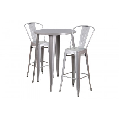 BLNK Caron Commercial Round Metal Indoor-Outdoor Bar Table Set with 2 Cafe Stools - Silver