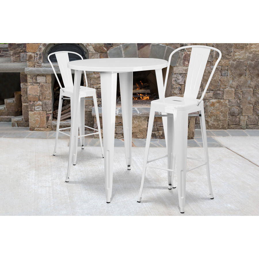 BLNK Caron Commercial Round Metal Indoor-Outdoor Bar Table Set with 2 Cafe Stools - White