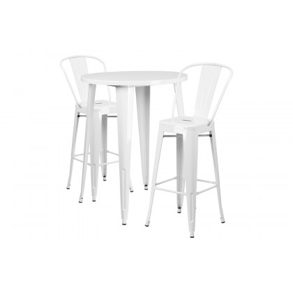 BLNK Caron Commercial Round Metal Indoor-Outdoor Bar Table Set with 2 Cafe Stools - White