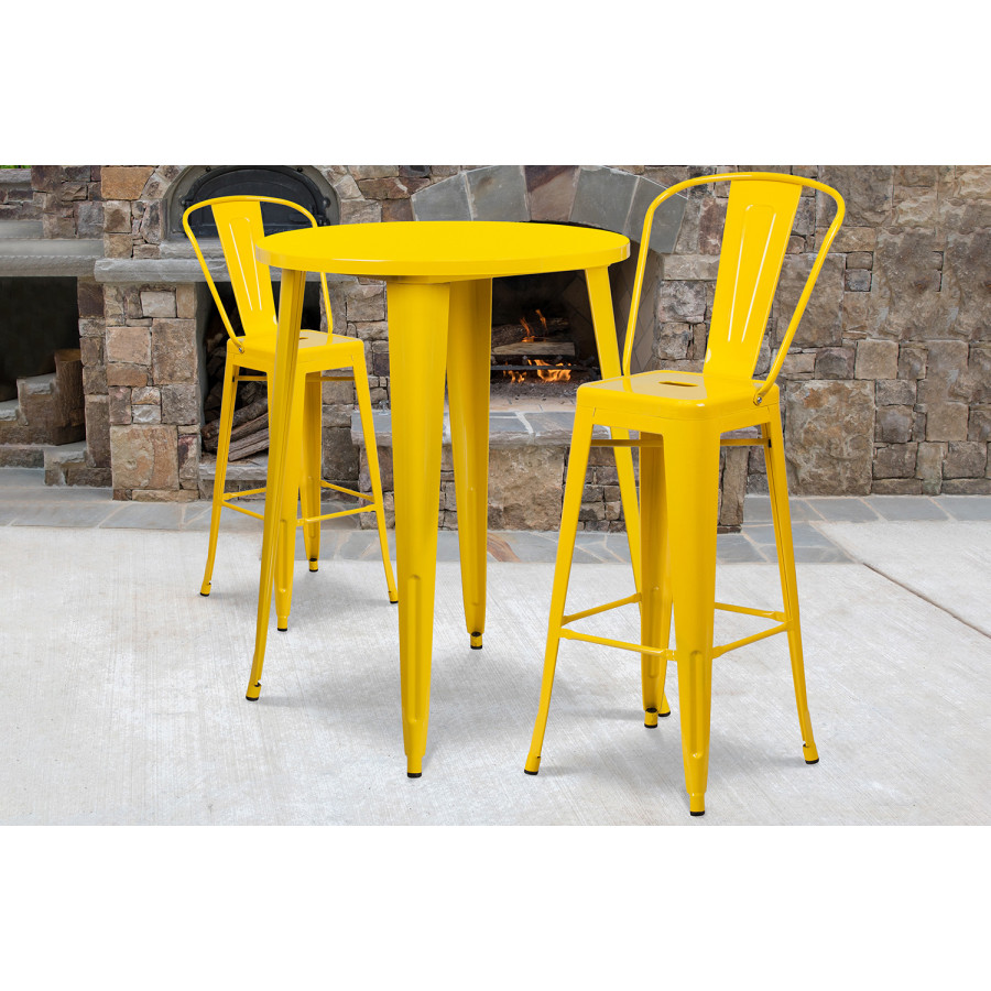 BLNK - Caron Commercial Round Metal Indoor-Outdoor Bar Table Set with 2 Cafe Stools