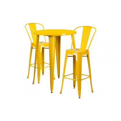 BLNK - Caron Commercial Round Metal Indoor-Outdoor Bar Table Set with 2 Cafe Stools