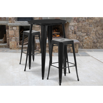 BLNK - Boyd Commercial Round Metal Indoor-Outdoor Bar Table Set with 2 Square Seat Backless Stools