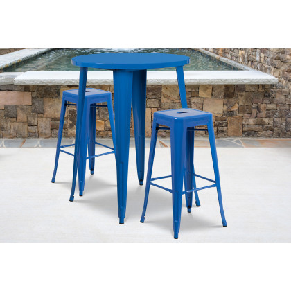 BLNK - Boyd Commercial Round Metal Indoor-Outdoor Bar Table Set with 2 Square Seat Backless Stools