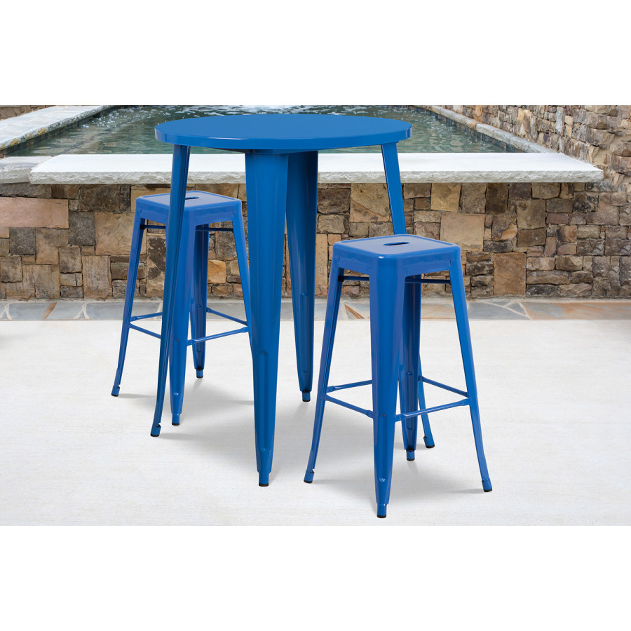 BLNK Boyd Commercial Round Metal Indoor-Outdoor Bar Table Set with 2 Square Seat Backless Stools - Blue