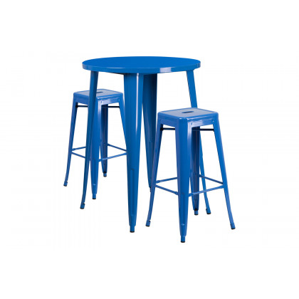 BLNK Boyd Commercial Round Metal Indoor-Outdoor Bar Table Set with 2 Square Seat Backless Stools - Blue