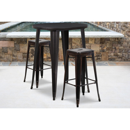 BLNK - Boyd Commercial Round Metal Indoor-Outdoor Bar Table Set with 2 Square Seat Backless Stools