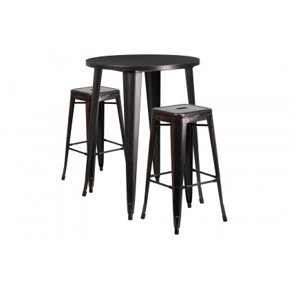 BLNK Boyd Commercial Round Metal Indoor-Outdoor Bar Table Set with 2 Square Seat Backless Stools - Black/Antique Gold