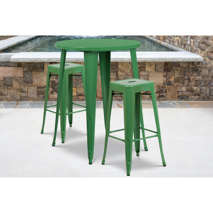 BLNK - Boyd Commercial Round Metal Indoor-Outdoor Bar Table Set with 2 Square Seat Backless Stools