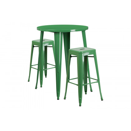 BLNK Boyd Commercial Round Metal Indoor-Outdoor Bar Table Set with 2 Square Seat Backless Stools - Green
