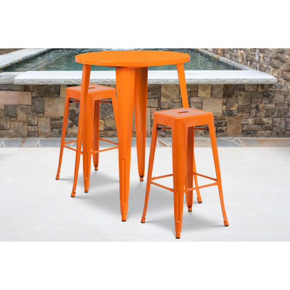 BLNK - Boyd Commercial Round Metal Indoor-Outdoor Bar Table Set with 2 Square Seat Backless Stools
