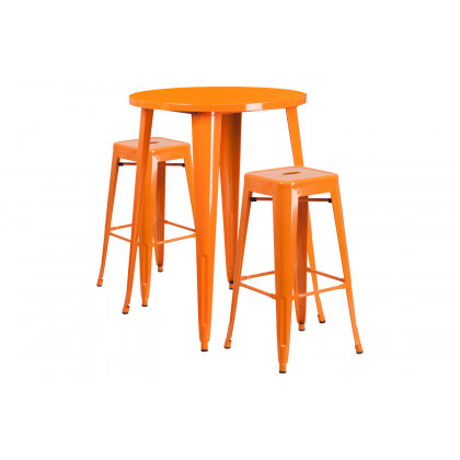 BLNK Boyd Commercial Round Metal Indoor-Outdoor Bar Table Set with 2 Square Seat Backless Stools - Orange