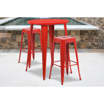 BLNK - Boyd Commercial Round Metal Indoor-Outdoor Bar Table Set with 2 Square Seat Backless Stools