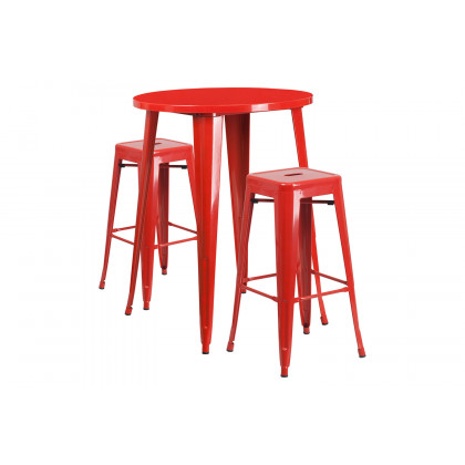BLNK Boyd Commercial Round Metal Indoor-Outdoor Bar Table Set with 2 Square Seat Backless Stools - Red