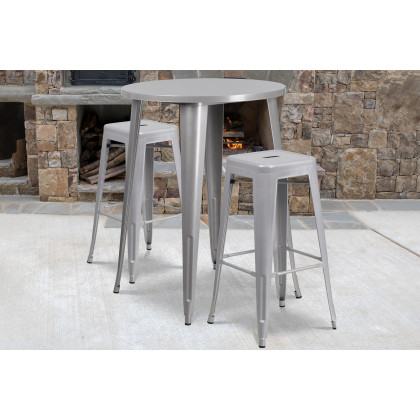 BLNK - Boyd Commercial Round Metal Indoor-Outdoor Bar Table Set with 2 Square Seat Backless Stools