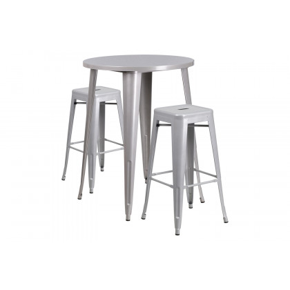 BLNK Boyd Commercial Round Metal Indoor-Outdoor Bar Table Set with 2 Square Seat Backless Stools - Silver
