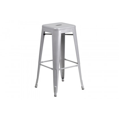 BLNK Boyd Commercial Round Metal Indoor-Outdoor Bar Table Set with 2 Square Seat Backless Stools - Silver