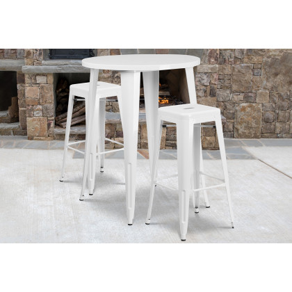 BLNK - Boyd Commercial Round Metal Indoor-Outdoor Bar Table Set with 2 Square Seat Backless Stools