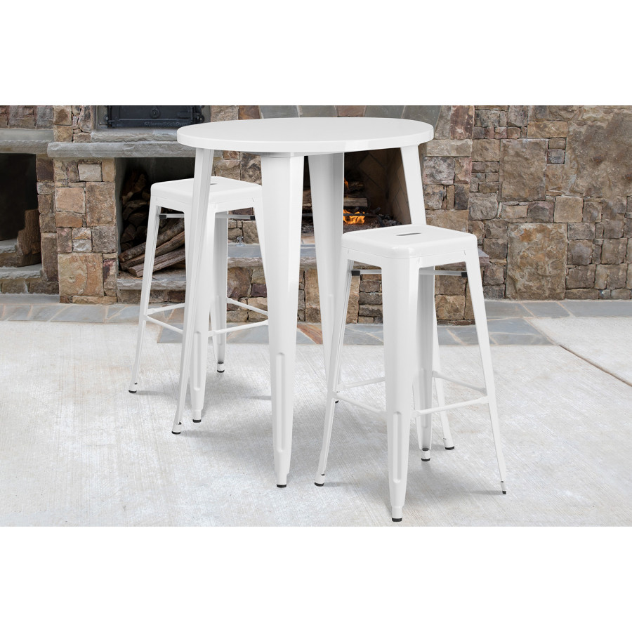 BLNK Boyd Commercial Round Metal Indoor-Outdoor Bar Table Set with 2 Square Seat Backless Stools - White