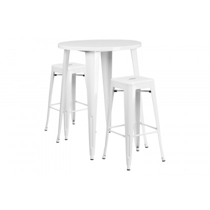 BLNK Boyd Commercial Round Metal Indoor-Outdoor Bar Table Set with 2 Square Seat Backless Stools - White