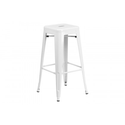 BLNK Boyd Commercial Round Metal Indoor-Outdoor Bar Table Set with 2 Square Seat Backless Stools - White