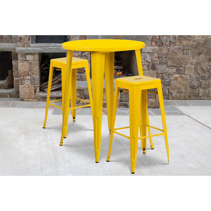 BLNK - Boyd Commercial Round Metal Indoor-Outdoor Bar Table Set with 2 Square Seat Backless Stools