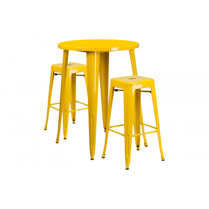 BLNK - Boyd Commercial Round Metal Indoor-Outdoor Bar Table Set with 2 Square Seat Backless Stools