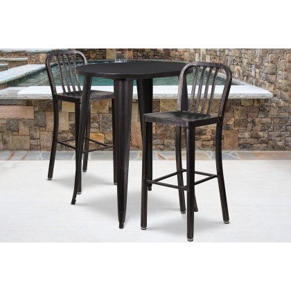 BLNK - Brad Commercial Round Metal Indoor-Outdoor Bar Table Set with 2 Vertical Slat Back Stools