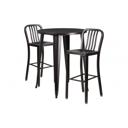 BLNK Brad Commercial Round Metal Indoor-Outdoor Bar Table Set with 2 Vertical Slat Back Stools - Black/Antique Gold