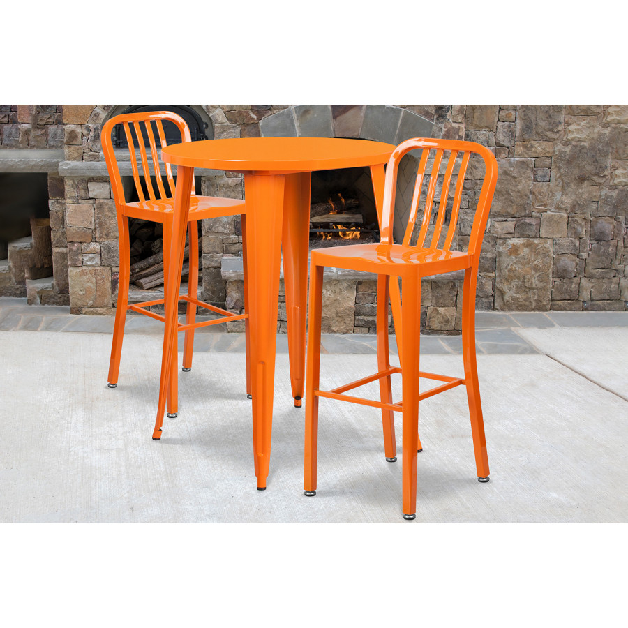 BLNK Brad Commercial Round Metal Indoor-Outdoor Bar Table Set with 2 Vertical Slat Back Stools - Orange