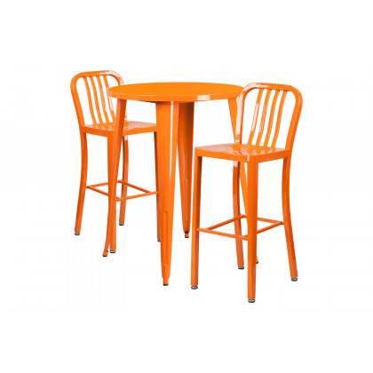 BLNK Brad Commercial Round Metal Indoor-Outdoor Bar Table Set with 2 Vertical Slat Back Stools - Orange