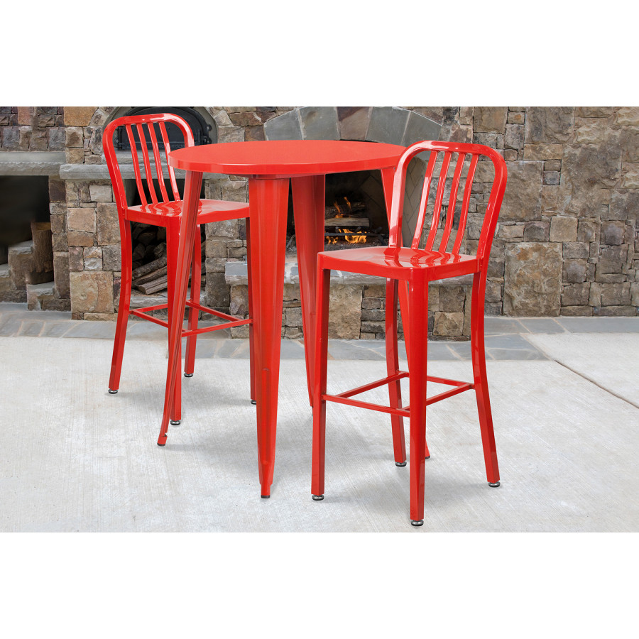 BLNK Brad Commercial Round Metal Indoor-Outdoor Bar Table Set with 2 Vertical Slat Back Stools - Red