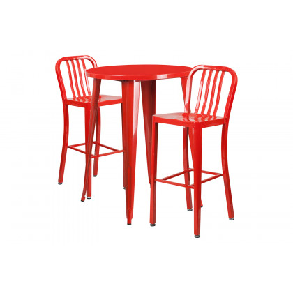 BLNK Brad Commercial Round Metal Indoor-Outdoor Bar Table Set with 2 Vertical Slat Back Stools - Red