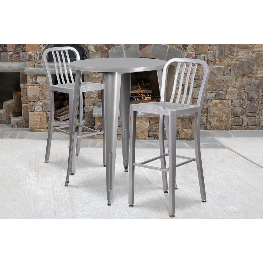 BLNK Brad Commercial Round Metal Indoor-Outdoor Bar Table Set with 2 Vertical Slat Back Stools - Silver