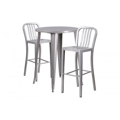 BLNK Brad Commercial Round Metal Indoor-Outdoor Bar Table Set with 2 Vertical Slat Back Stools - Silver