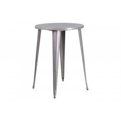 BLNK Brad Commercial Round Metal Indoor-Outdoor Bar Table Set with 2 Vertical Slat Back Stools - Silver