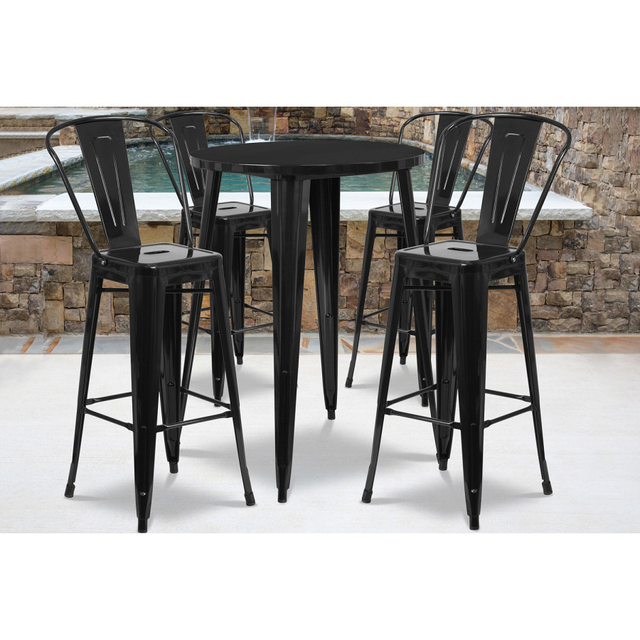 BLNK Callum Commercial Round Metal Indoor-Outdoor Bar Table Set with 4 Cafe Stools - Black