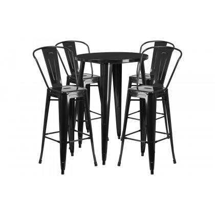 BLNK Callum Commercial Round Metal Indoor-Outdoor Bar Table Set with 4 Cafe Stools - Black