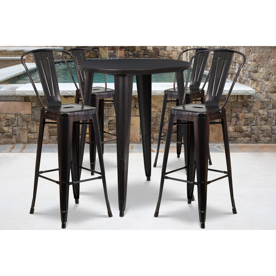 BLNK Callum Commercial Round Metal Indoor-Outdoor Bar Table Set with 4 Cafe Stools - Black/Antique Gold