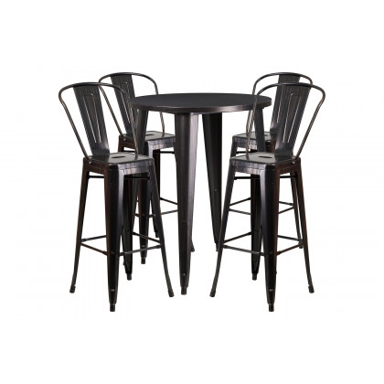 BLNK Callum Commercial Round Metal Indoor-Outdoor Bar Table Set with 4 Cafe Stools - Black/Antique Gold