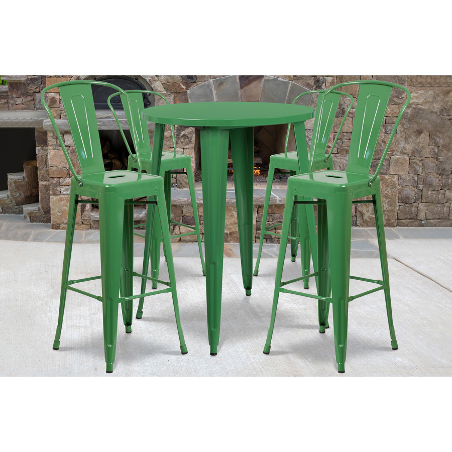 BLNK Callum Commercial Round Metal Indoor-Outdoor Bar Table Set with 4 Cafe Stools - Green