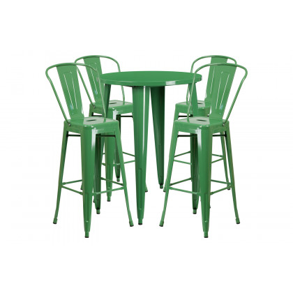 BLNK Callum Commercial Round Metal Indoor-Outdoor Bar Table Set with 4 Cafe Stools - Green