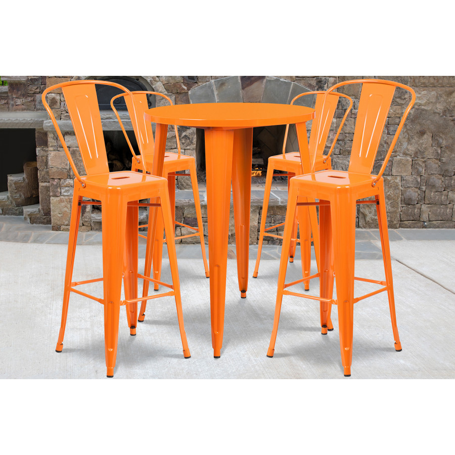 BLNK Callum Commercial Round Metal Indoor-Outdoor Bar Table Set with 4 Cafe Stools - Orange