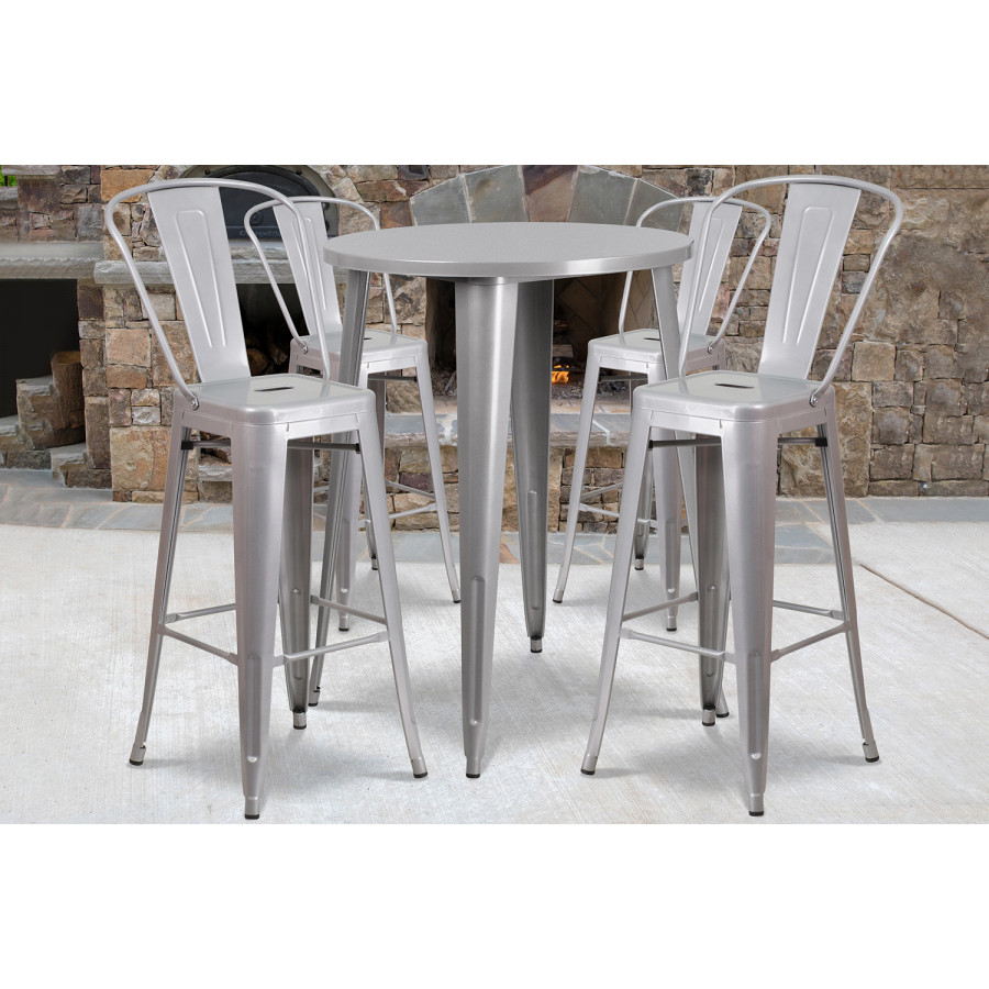 BLNK Callum Commercial Round Metal Indoor-Outdoor Bar Table Set with 4 Cafe Stools - Silver