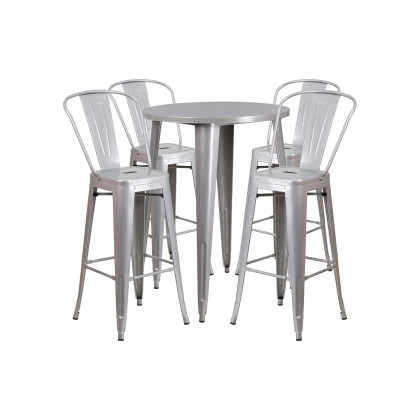 BLNK Callum Commercial Round Metal Indoor-Outdoor Bar Table Set with 4 Cafe Stools - Silver