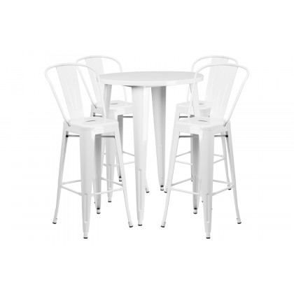 BLNK Callum Commercial Round Metal Indoor-Outdoor Bar Table Set with 4 Cafe Stools - White