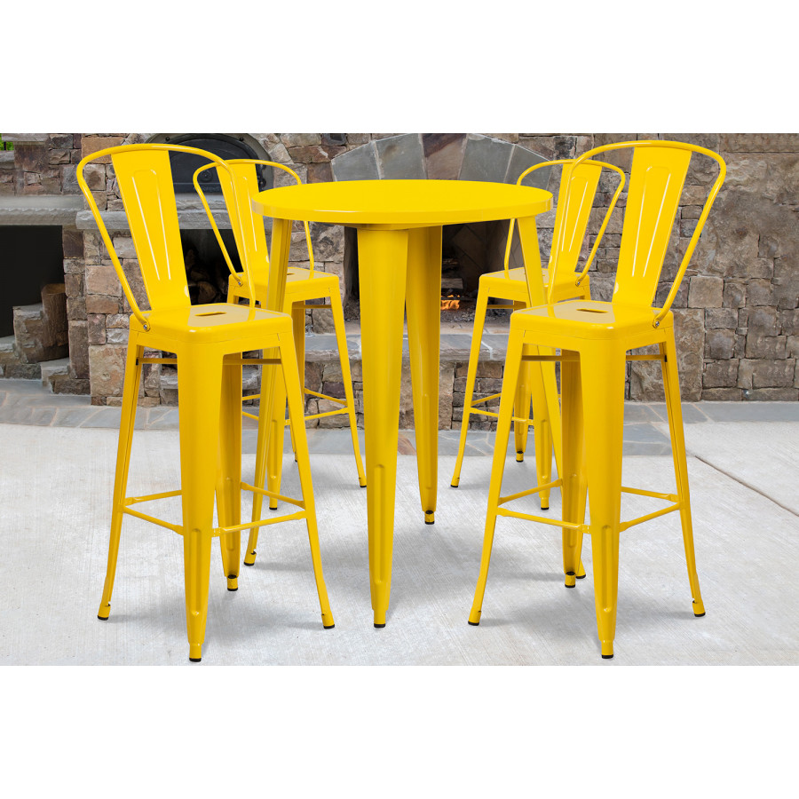 BLNK Callum Commercial Round Metal Indoor-Outdoor Bar Table Set with 4 Cafe Stools - Yellow